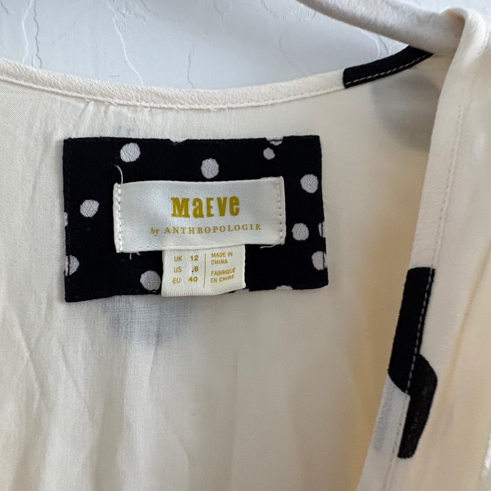 Maeve Anthropologie Breanna Polka Dot Dress Cream Black Size 8 High Low Midi - Picture 4 of 8